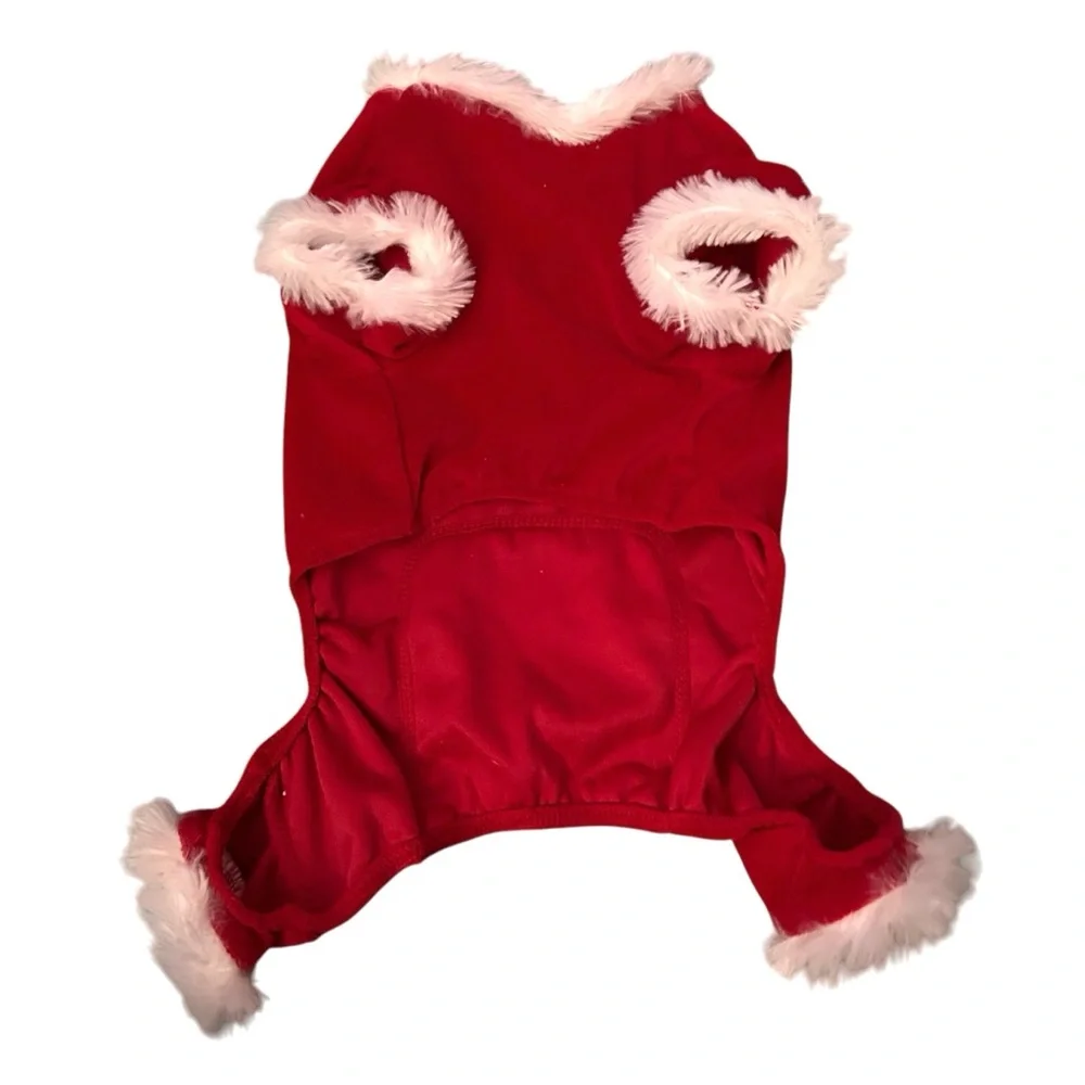 Pup Crew Santa’s Helper Red White Faux Velvet & Faux Fur Trim Dog Onesie